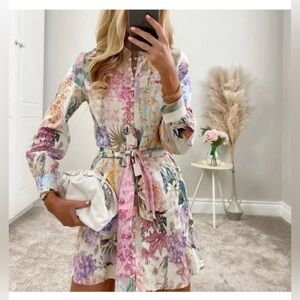 Zara BLOGGER FAVORITE Pastel Floral Parrot Linen Blend Long Sleeve Mini Dress